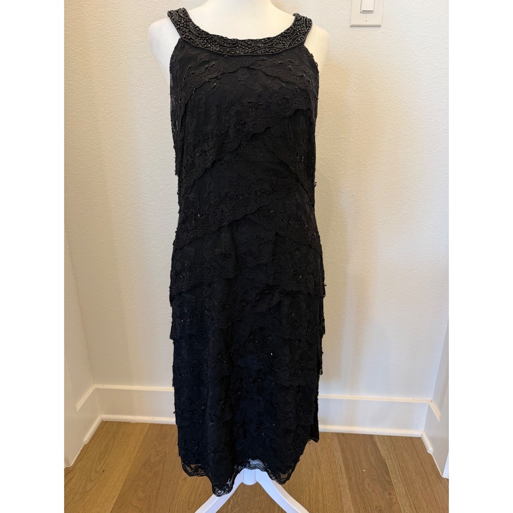 Marina Black Beaded Neck Tiered Lace Cocktail‎ Dress Evening Party LBD 14